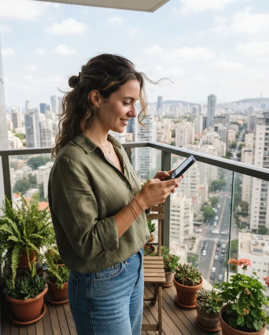 Moradora consultando o aplicativo do condomínio pelo celular na varanda